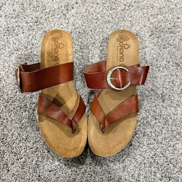 yokono Shoes - Yokono Made in Spain Toe Loop Wedge Sandals Brown Leather Cork Base Women’s US 8